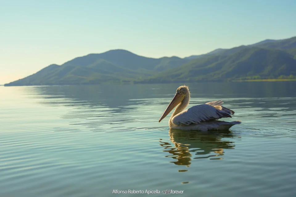 Pellicano riccio nuota sulle acque calme del Lago Kerkini, in Grecia, settembre 2026